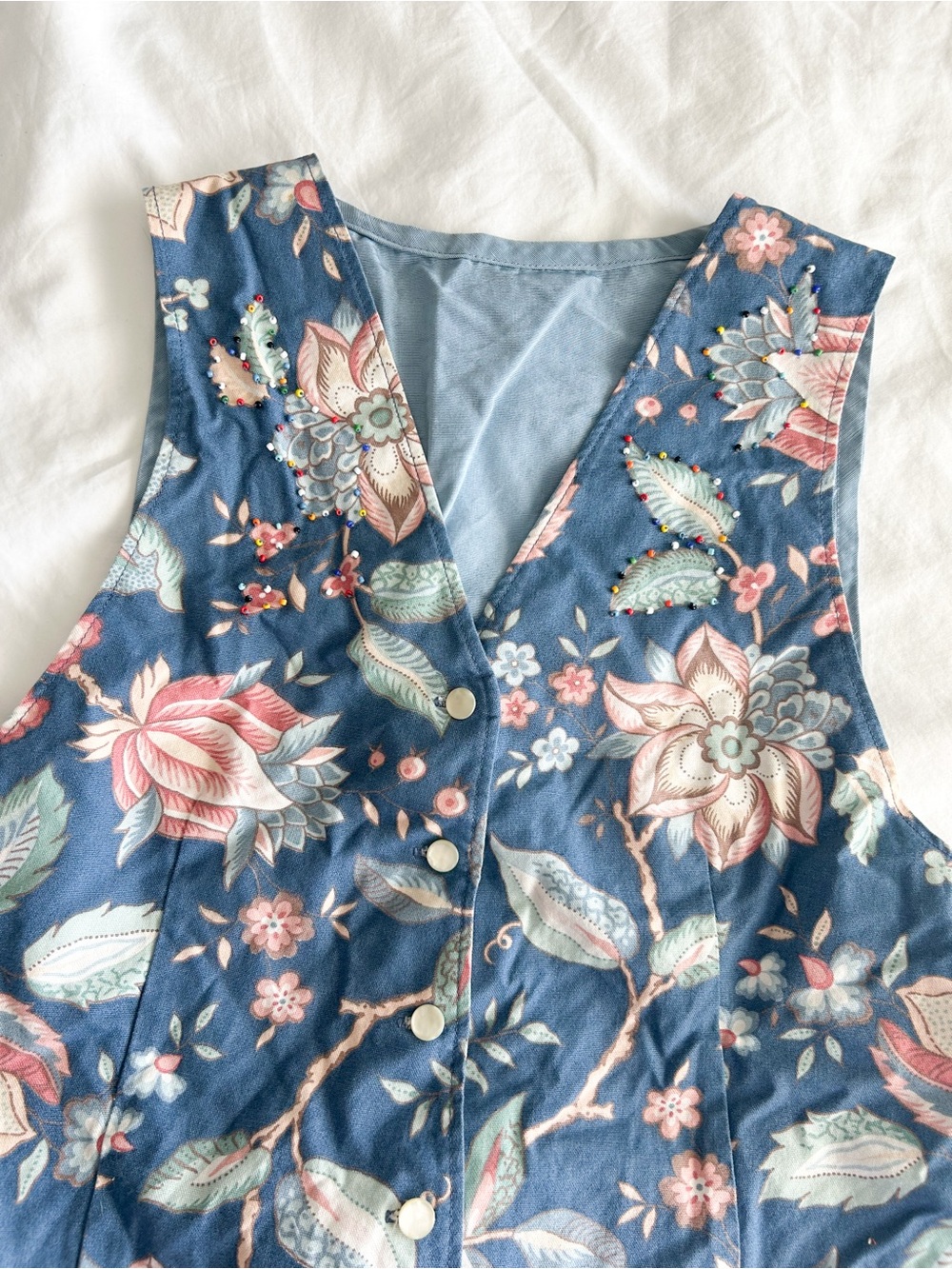 Vintage Blue Floral Button-Front Vest with Pink & Cream Blooms